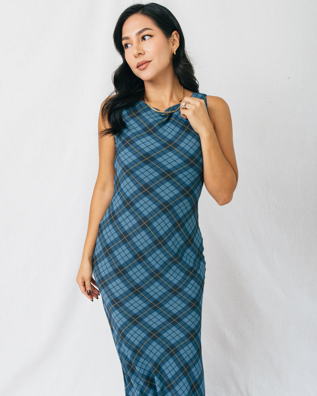 Carole Plaid Pattern Mesh Maxi Dress