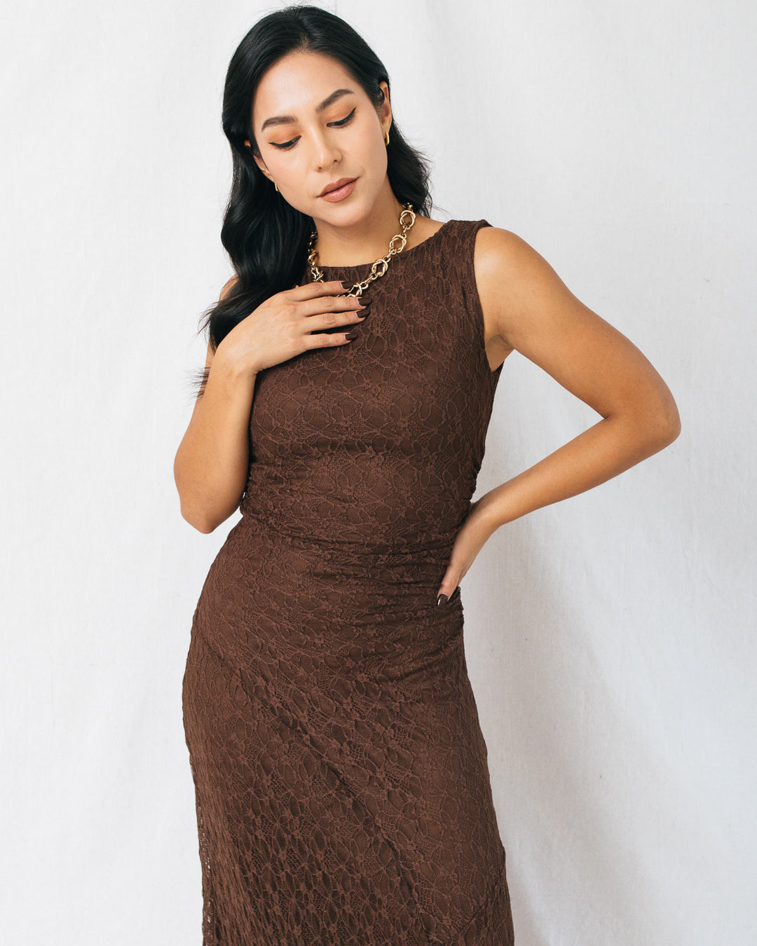 Yesenia Lace Ruched Detail Midi Dress