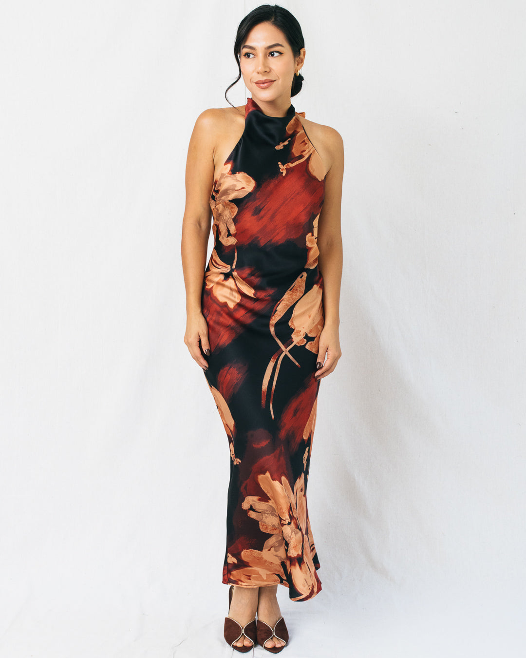 Omaira Floral Halter Open Back Midi Dress