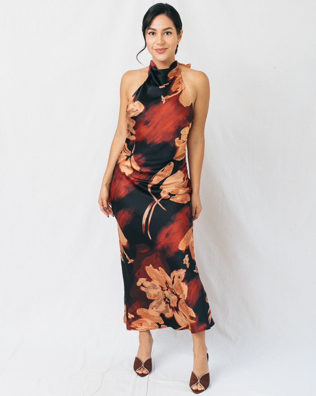Omaira Floral Halter Open Back Midi Dress
