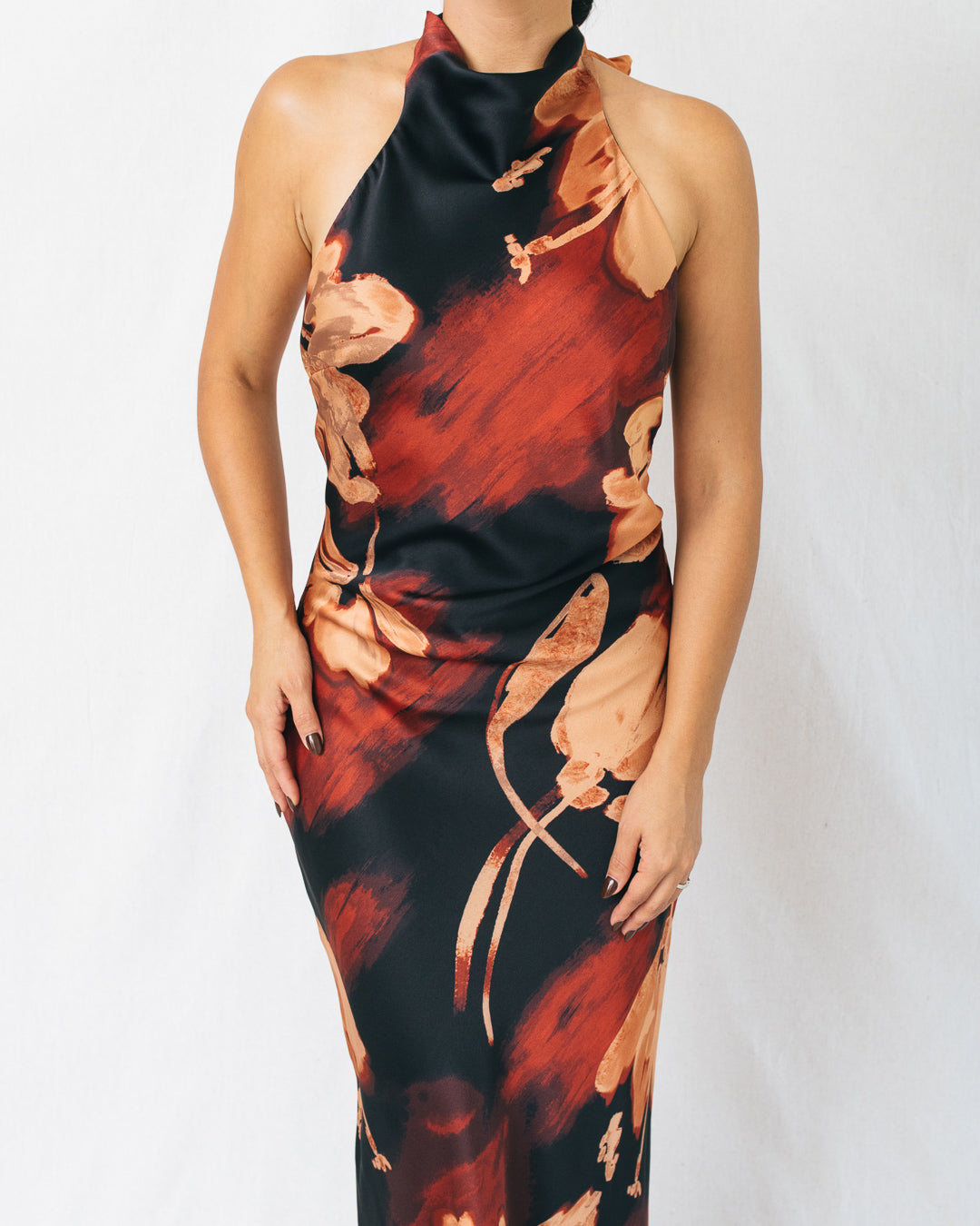 Omaira Floral Halter Open Back Midi Dress
