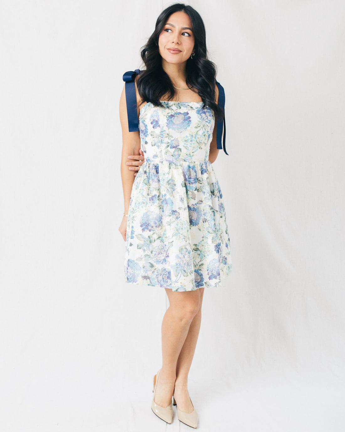 Zaidy Floral Eyelet Shoulder Tie Mini Dress