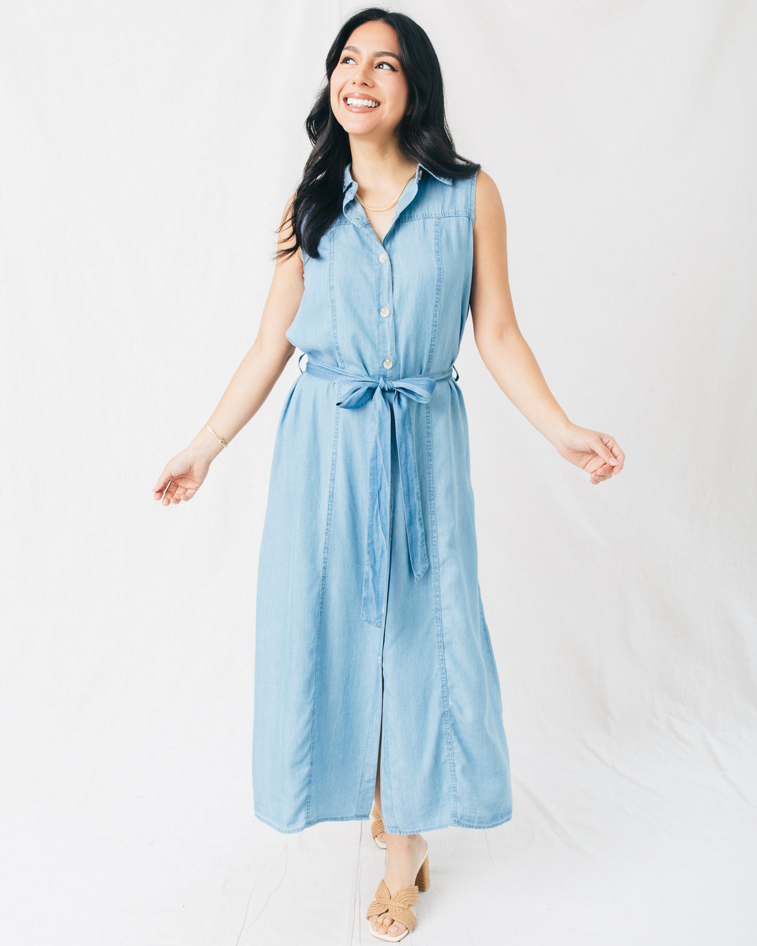 Victoria Collared Sleeveless Belted Midi Dress