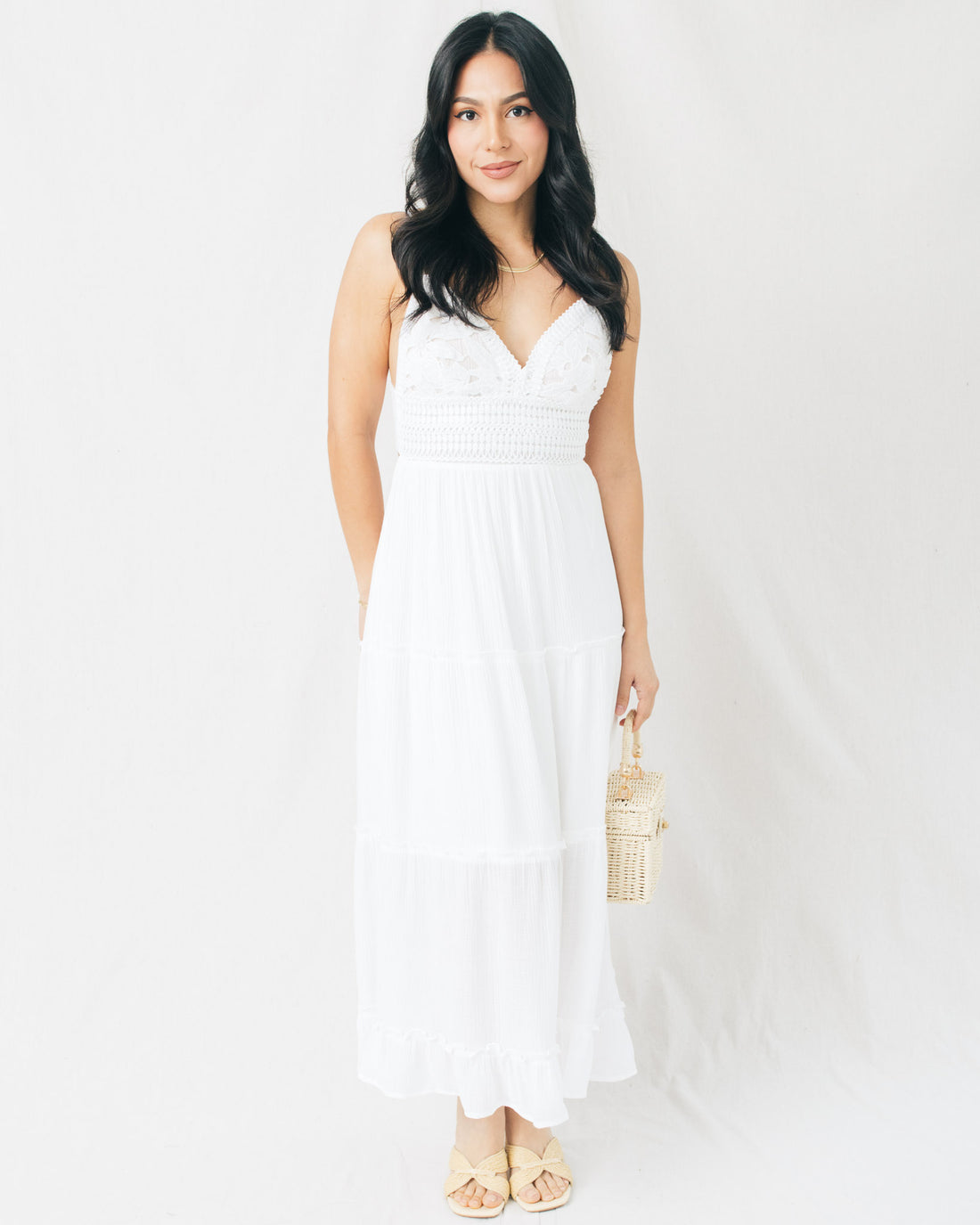 Valery Crochet Top Layered Panel Midi Dress