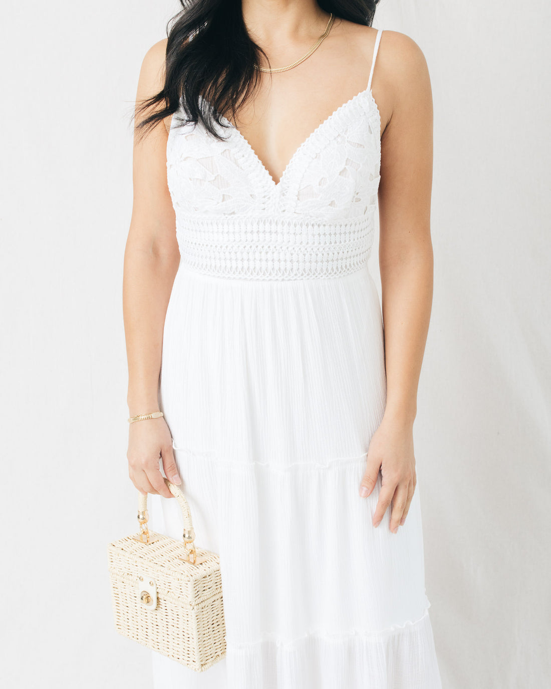 Valery Crochet Top Layered Panel Midi Dress
