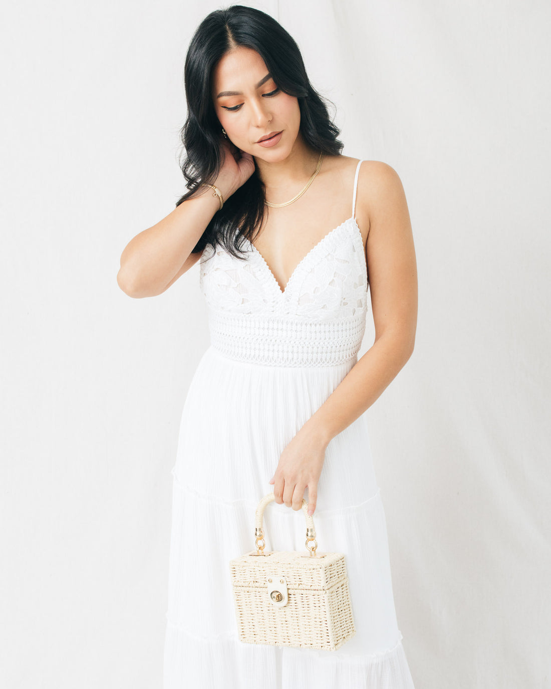 Valery Crochet Top Layered Panel Midi Dress