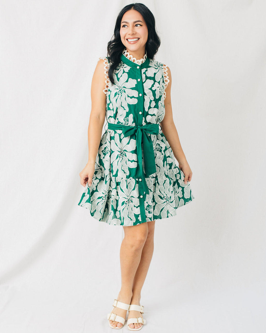 Carrie Scalloped Lace Trim Embroidered Mini Dress