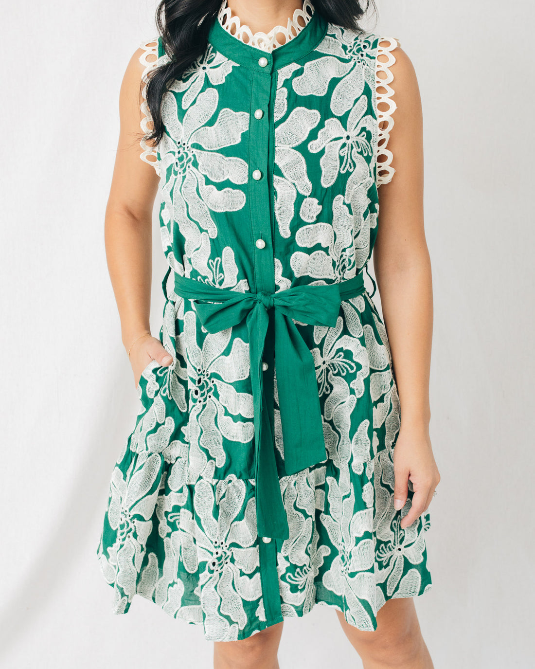 Carrie Scalloped Lace Trim Embroidered Mini Dress