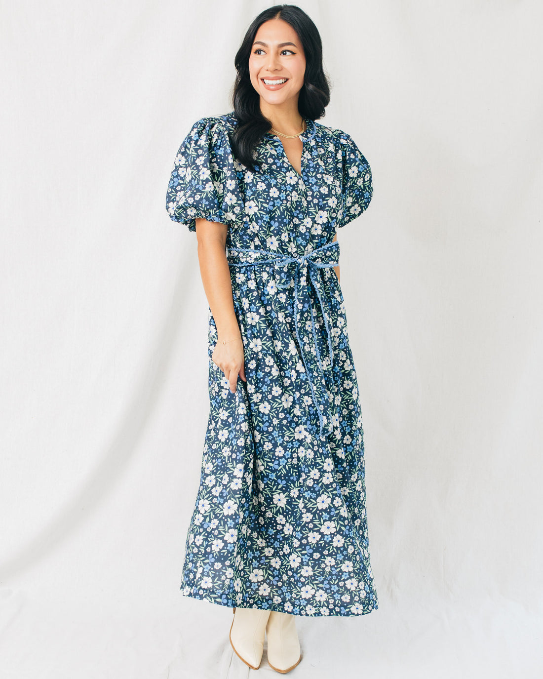 Michalah Lace Trim Bubble Sleeve Floral Midi Dress