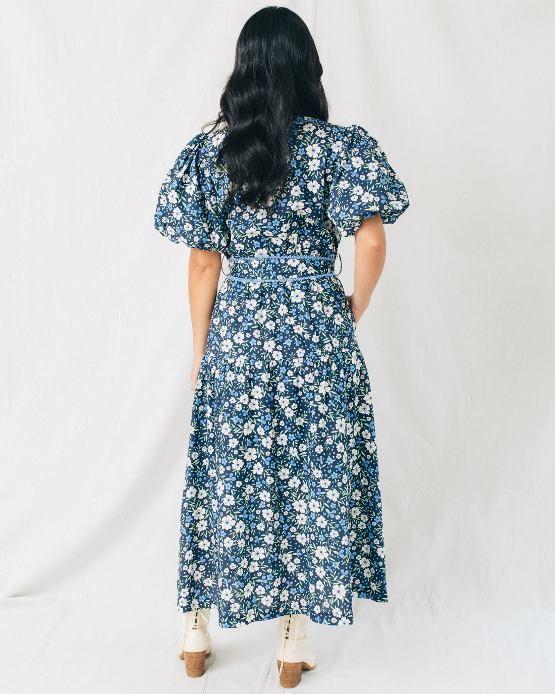 Michalah Lace Trim Bubble Sleeve Floral Midi Dress