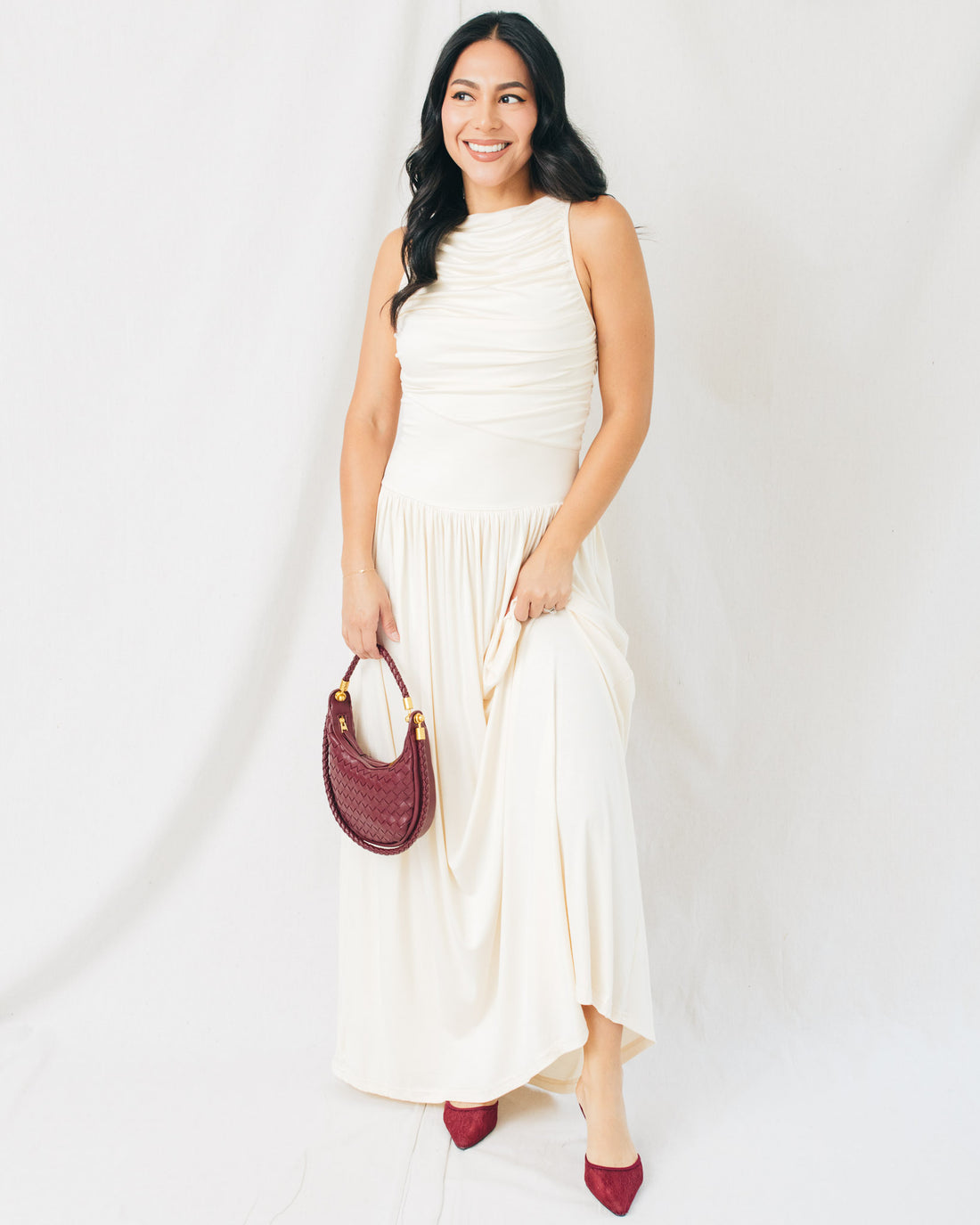Leni Boat Neck Ruched Maxi Dress