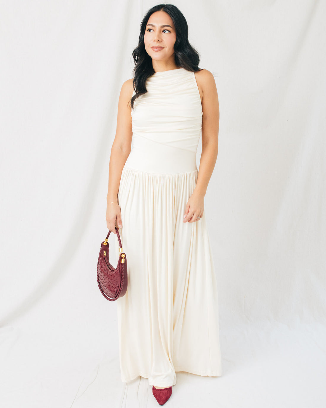 Leni Boat Neck Ruched Maxi Dress