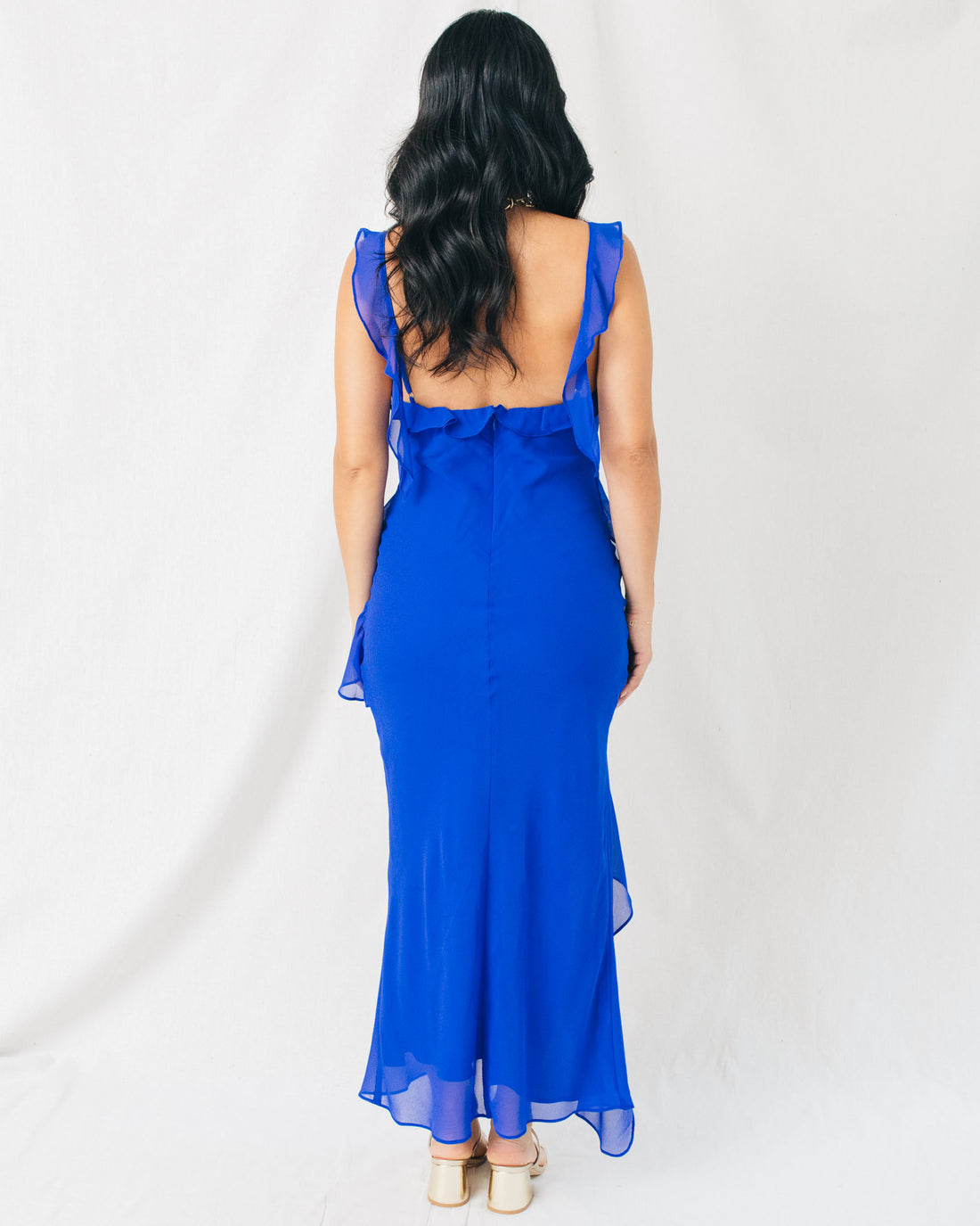 There She Goes Asymmetrical Ruffled Open Back Midi Dress