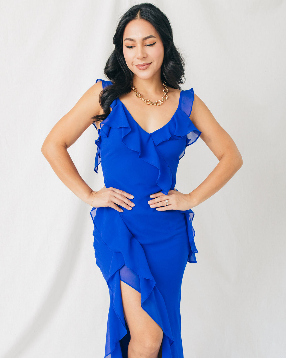 There She Goes Asymmetrical Ruffled Open Back Midi Dress
