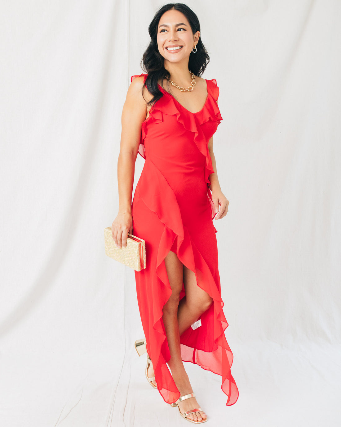 There She Goes Asymmetrical Ruffled Open Back Midi Dress