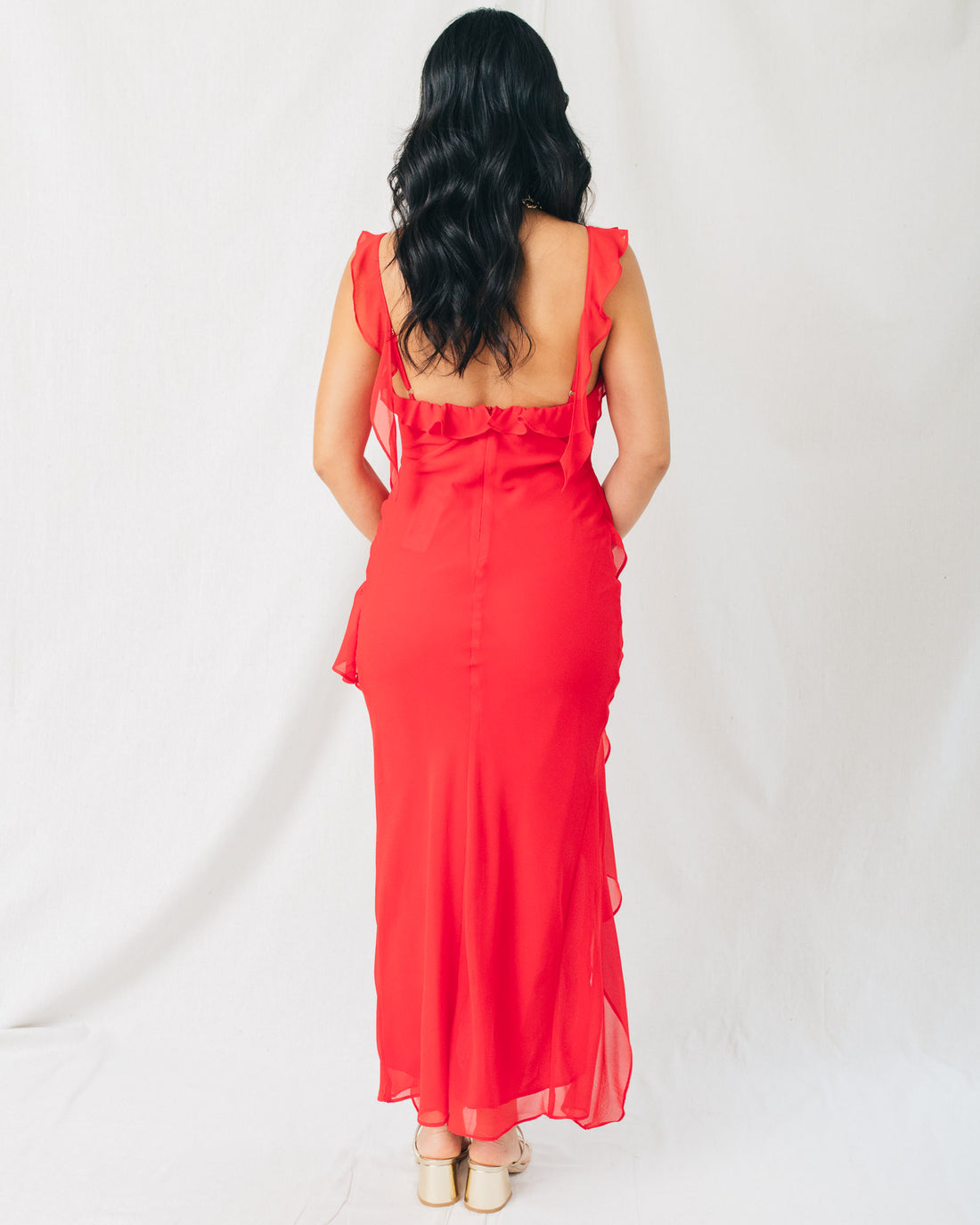 There She Goes Asymmetrical Ruffled Open Back Midi Dress