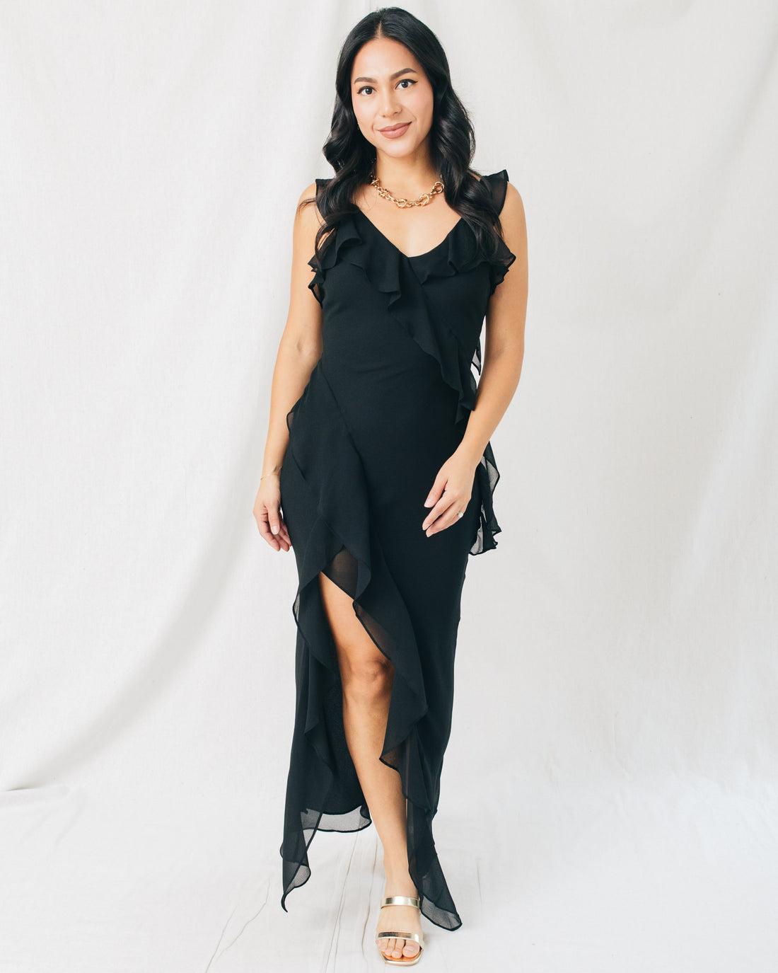 There She Goes Asymmetrical Ruffled Open Back Midi Dress