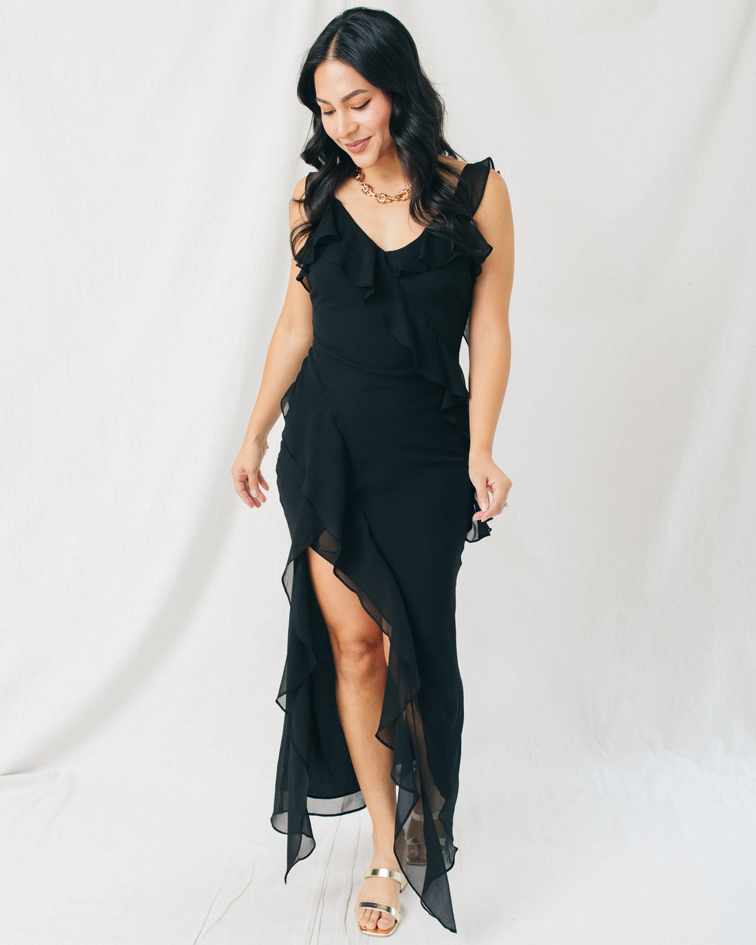 There She Goes Asymmetrical Ruffled Open Back Midi Dress