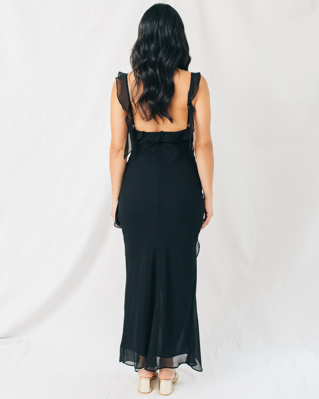 There She Goes Asymmetrical Ruffled Open Back Midi Dress