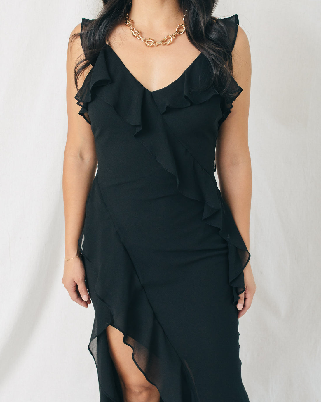There She Goes Asymmetrical Ruffled Open Back Midi Dress