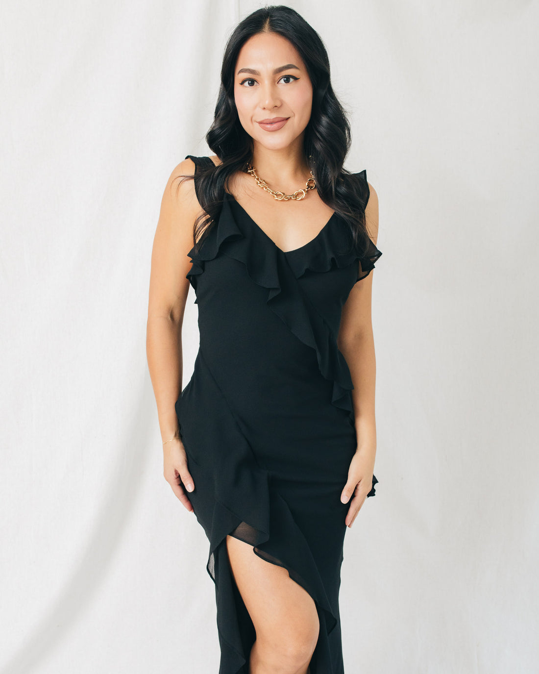 There She Goes Asymmetrical Ruffled Open Back Midi Dress