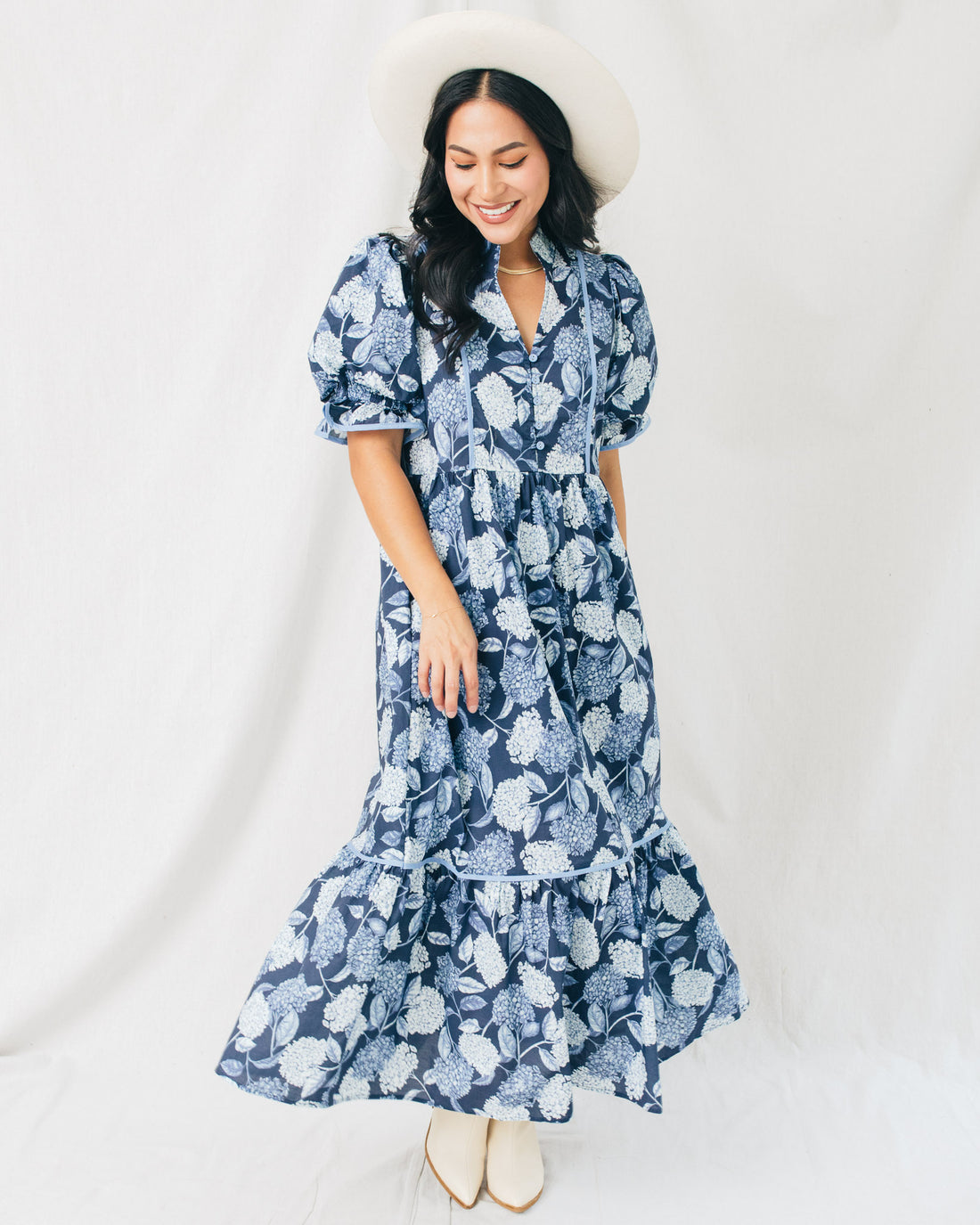 Frankie Puff Short Sleeve Contrast Binding Floral Midi Dress
