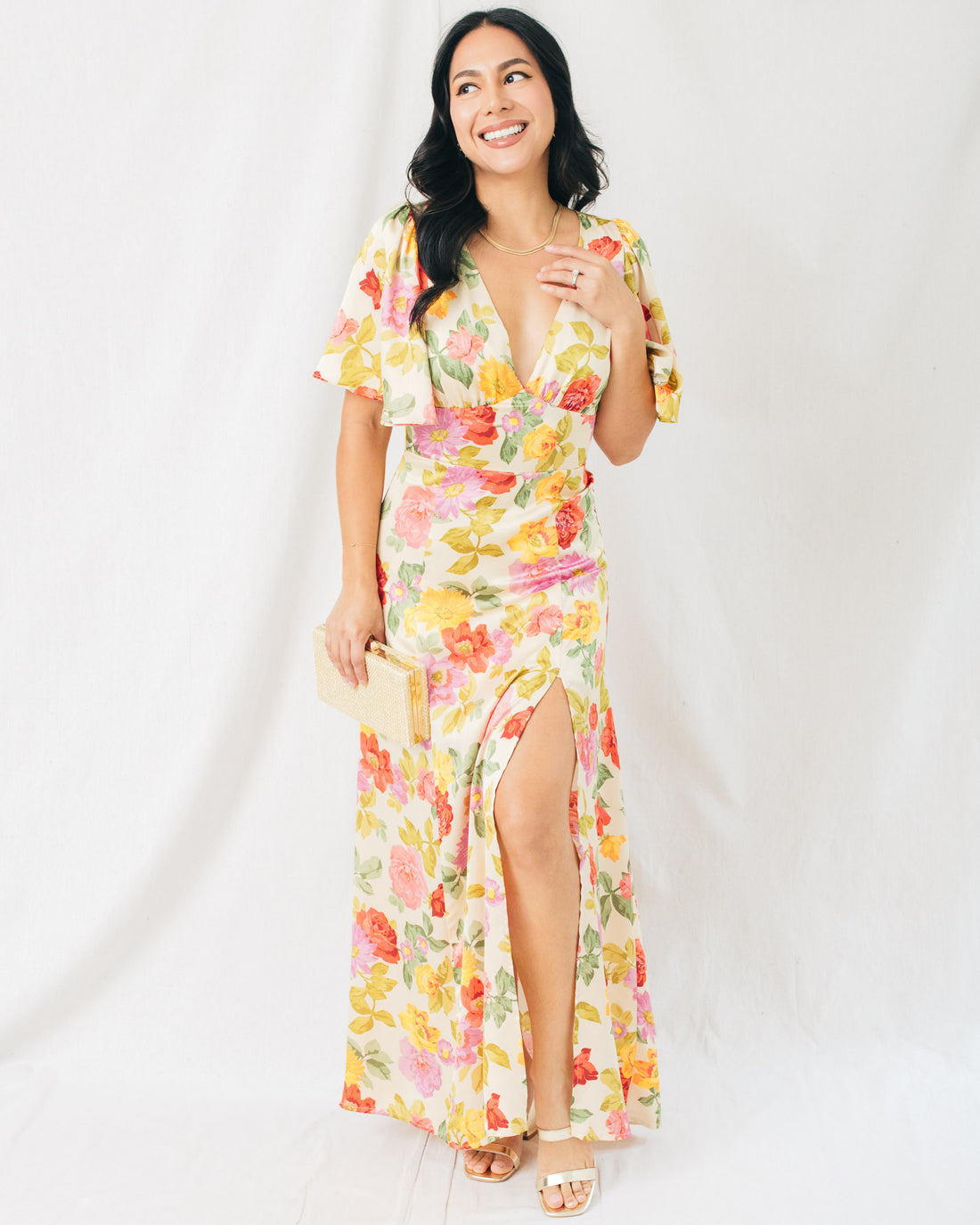 Romantic Garden Flutter Sleeve Plunging Maxi Dress