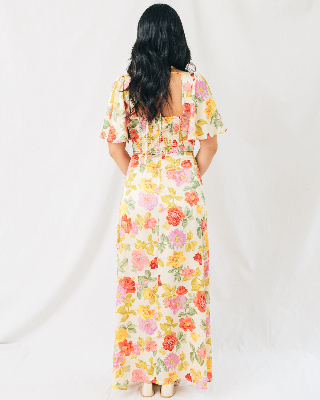 Romantic Garden Flutter Sleeve Plunging Maxi Dress