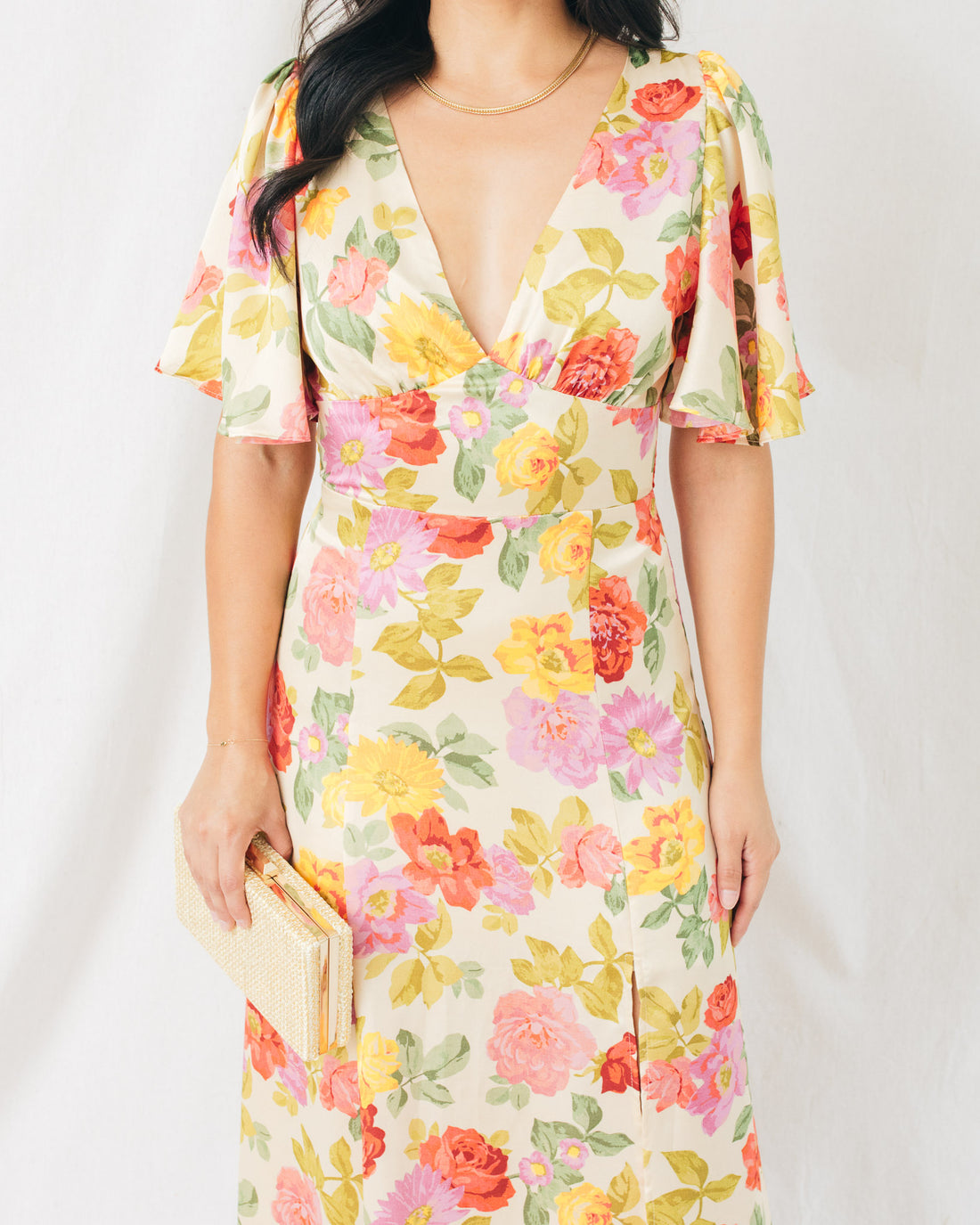 Romantic Garden Flutter Sleeve Plunging Maxi Dress