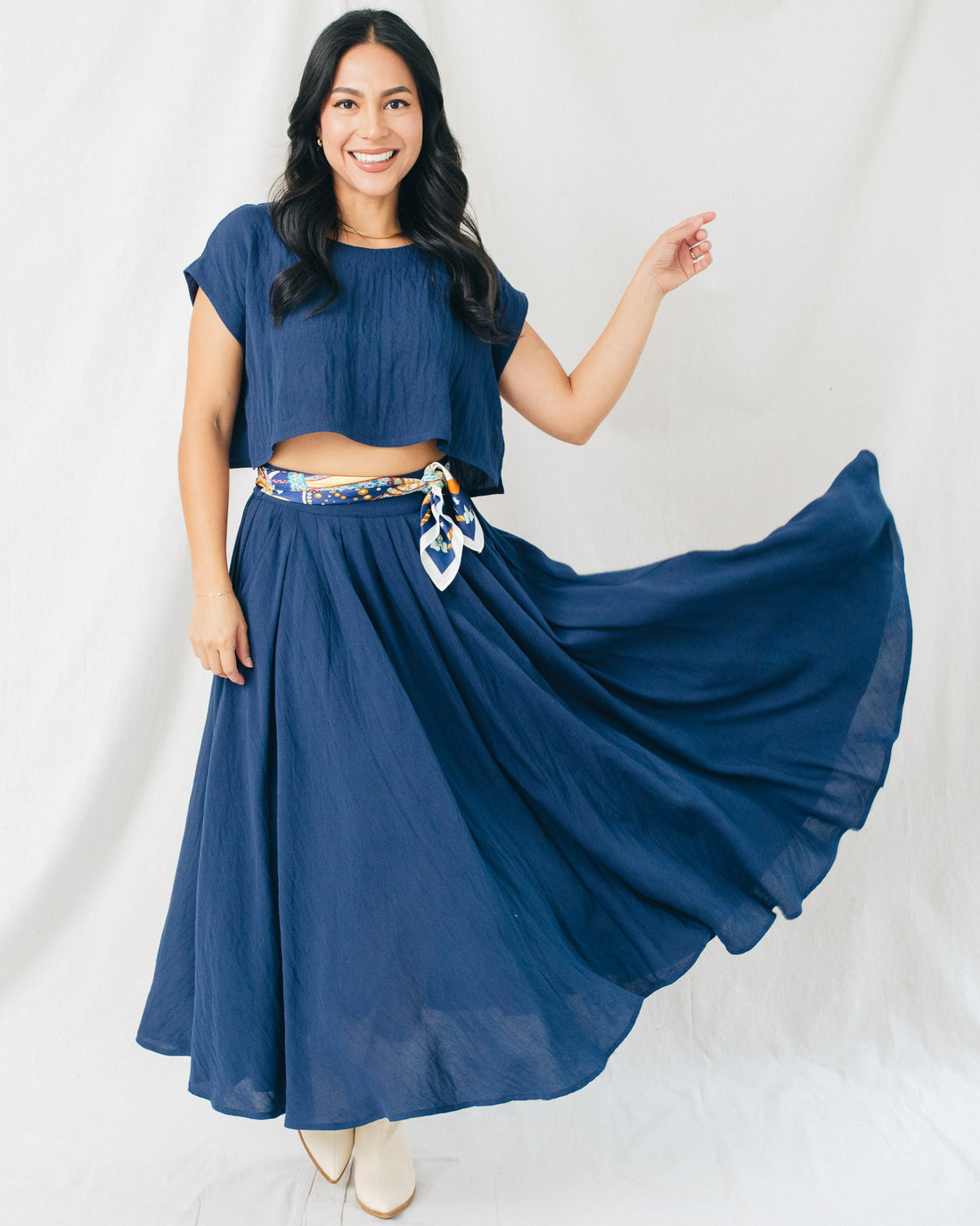 Linen Midi Flare Skirt W/Pockets