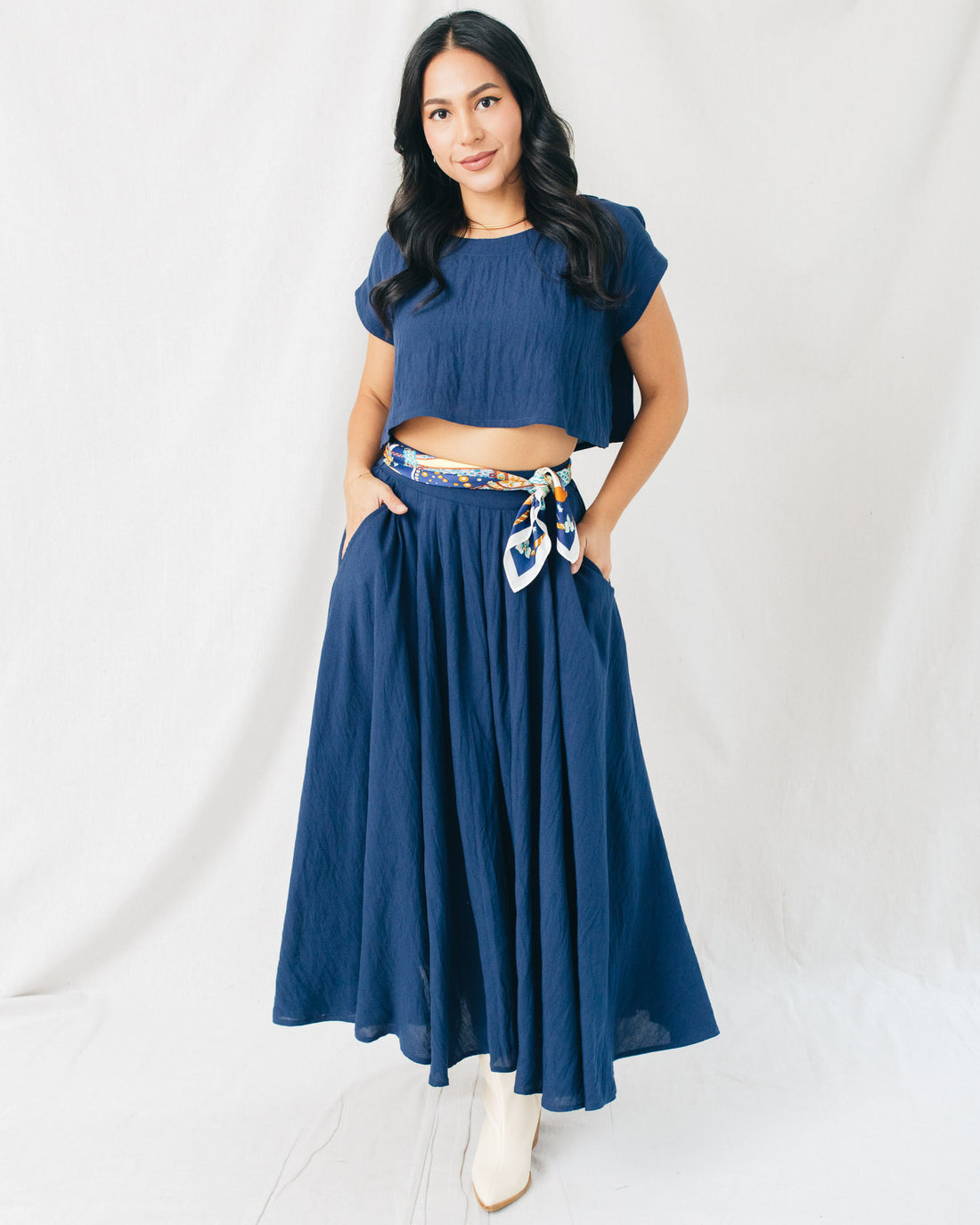 Linen Midi Flare Skirt W/Pockets