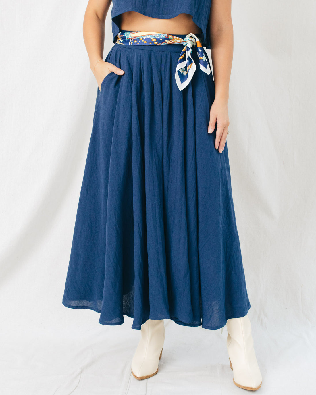 Linen Midi Flare Skirt W/Pockets