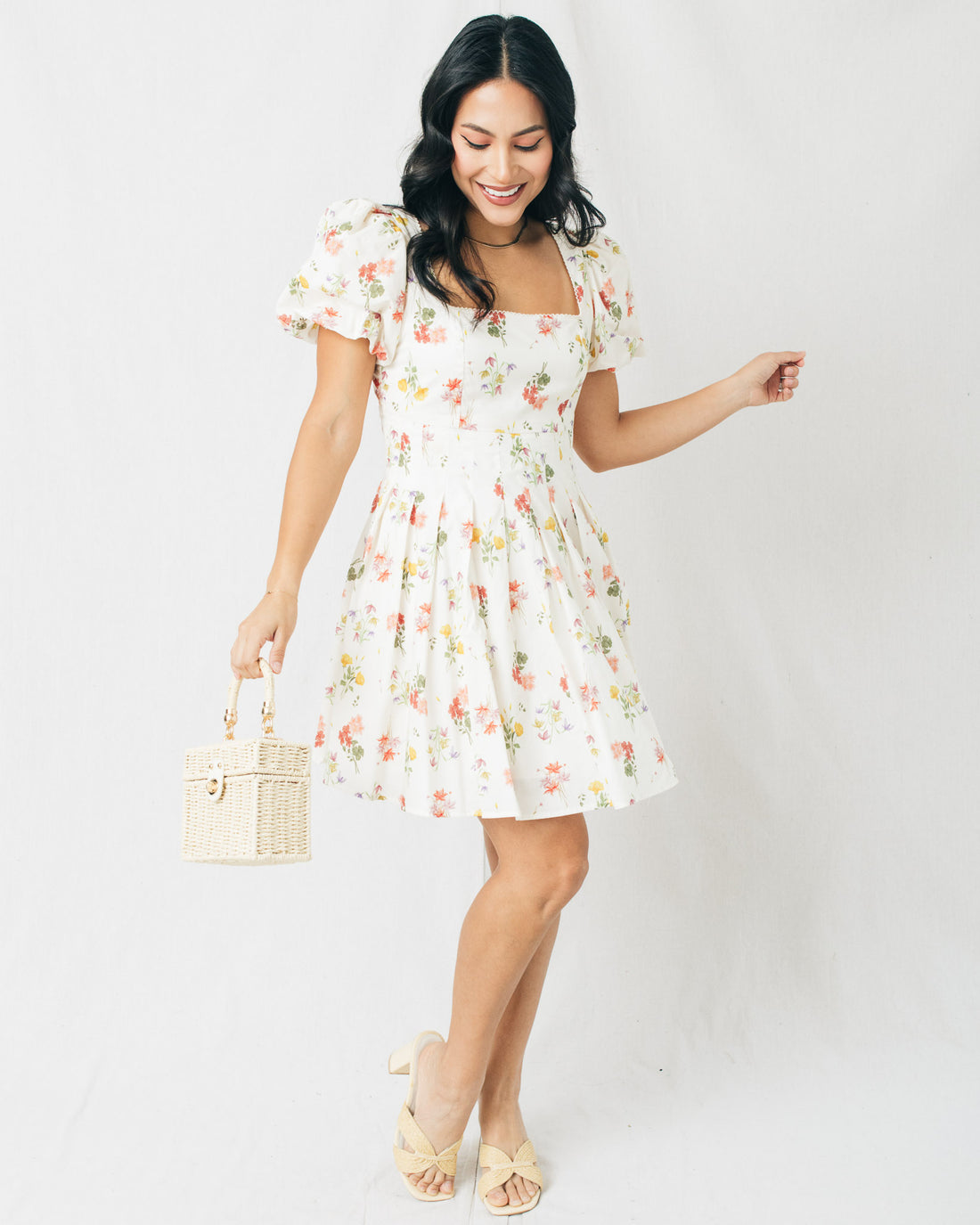 Wrenley Floral Print Square Neck Mini Dress