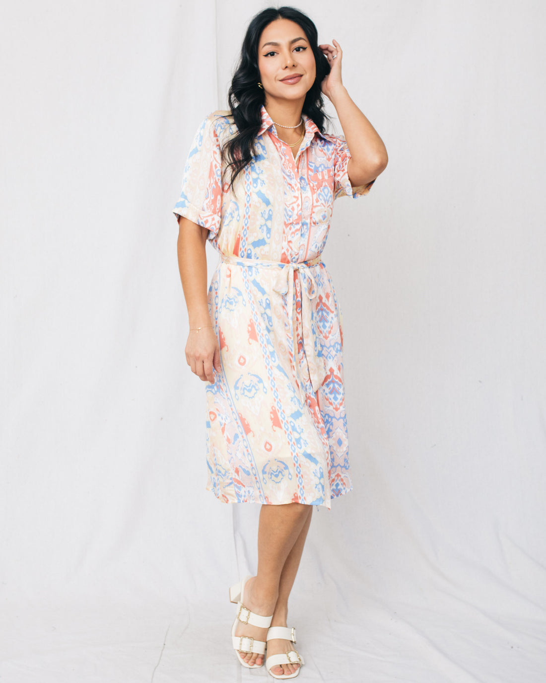 Olivia Printed Button Down Belted Midi Dress