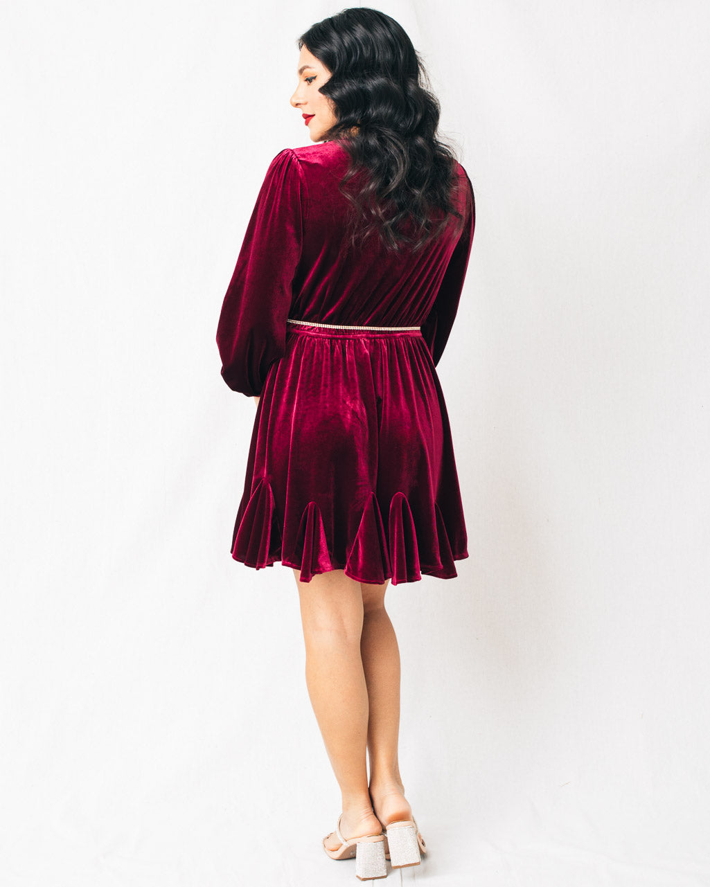 Kianna V Split Neck Smocked Cuffs Velvet Mini Dress