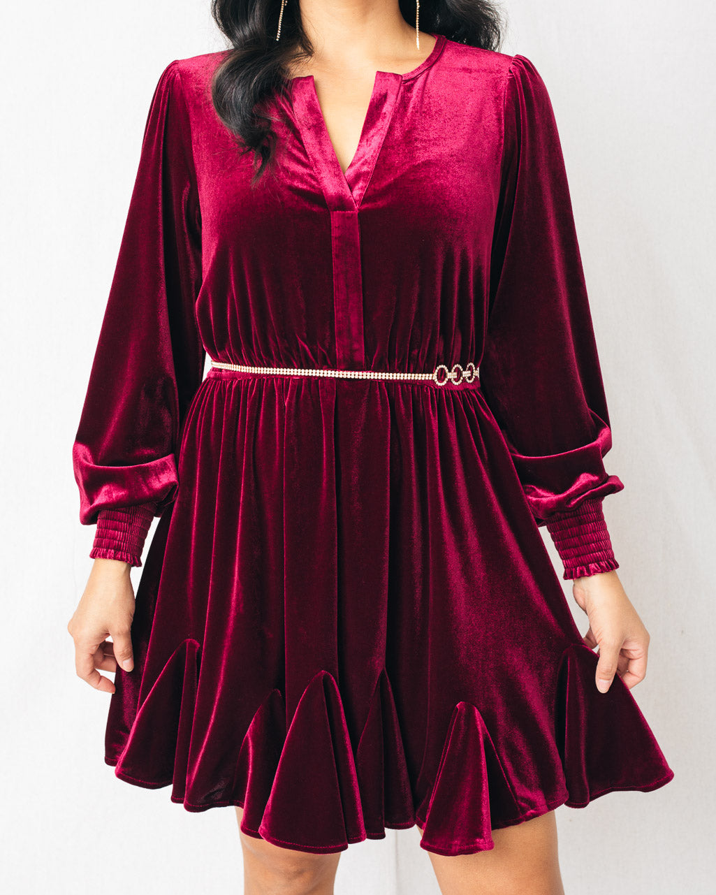 Kianna V Split Neck Smocked Cuffs Velvet Mini Dress