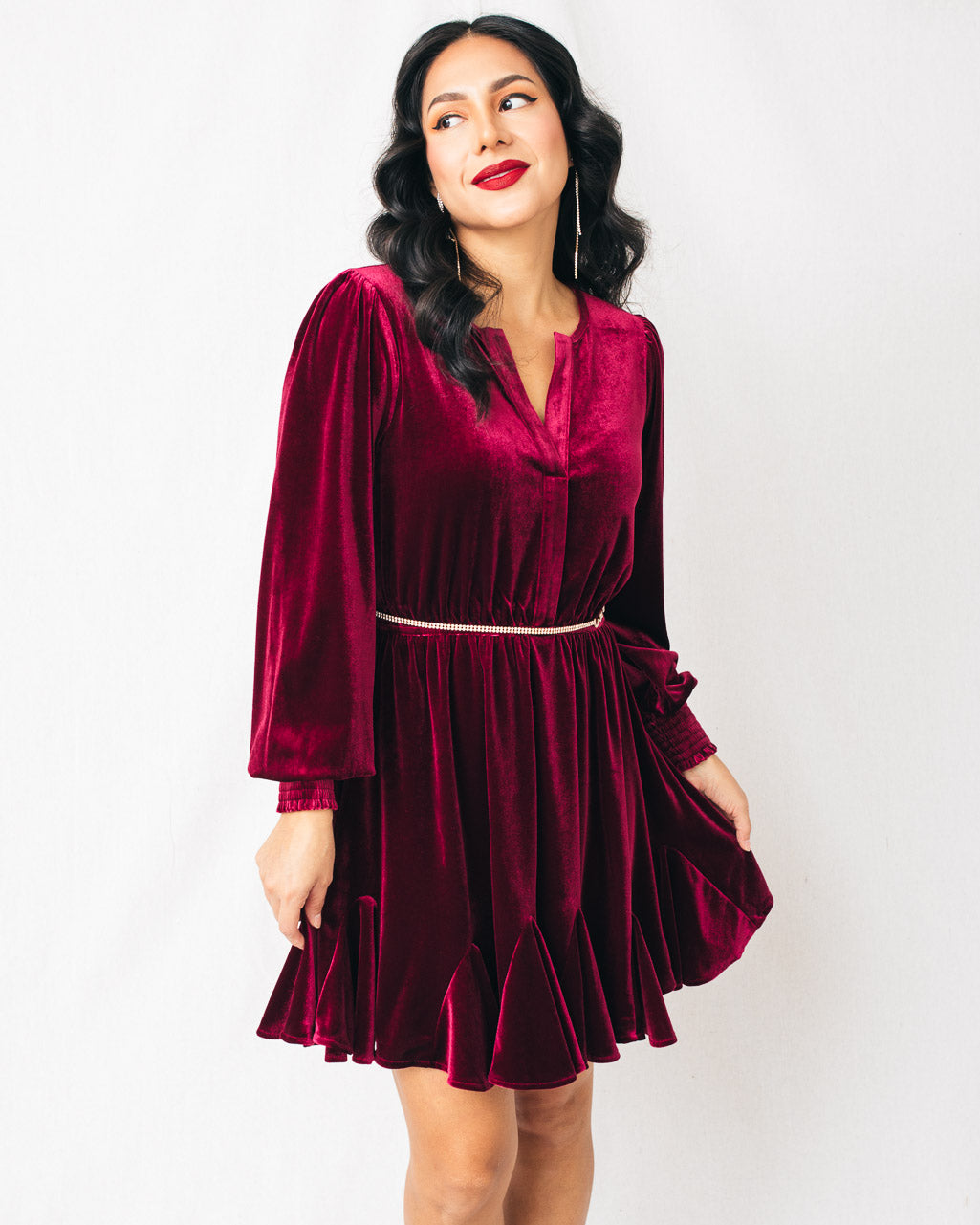 Kianna V Split Neck Smocked Cuffs Velvet Mini Dress