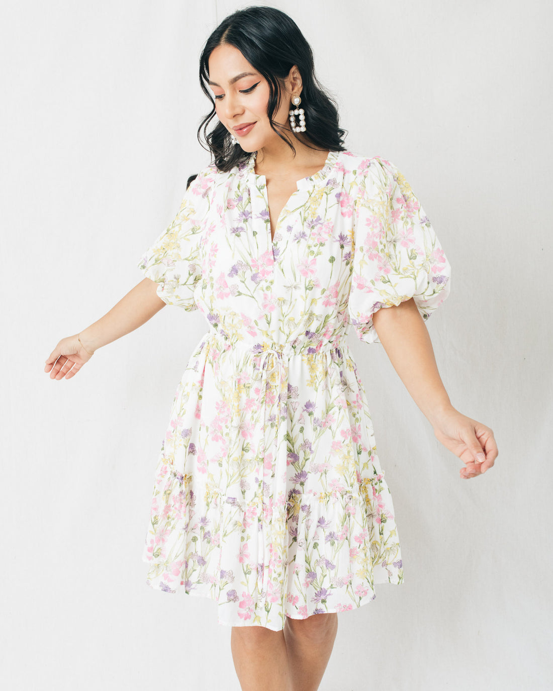 Lita Waist Drawstring Floral Shift Mini Dress