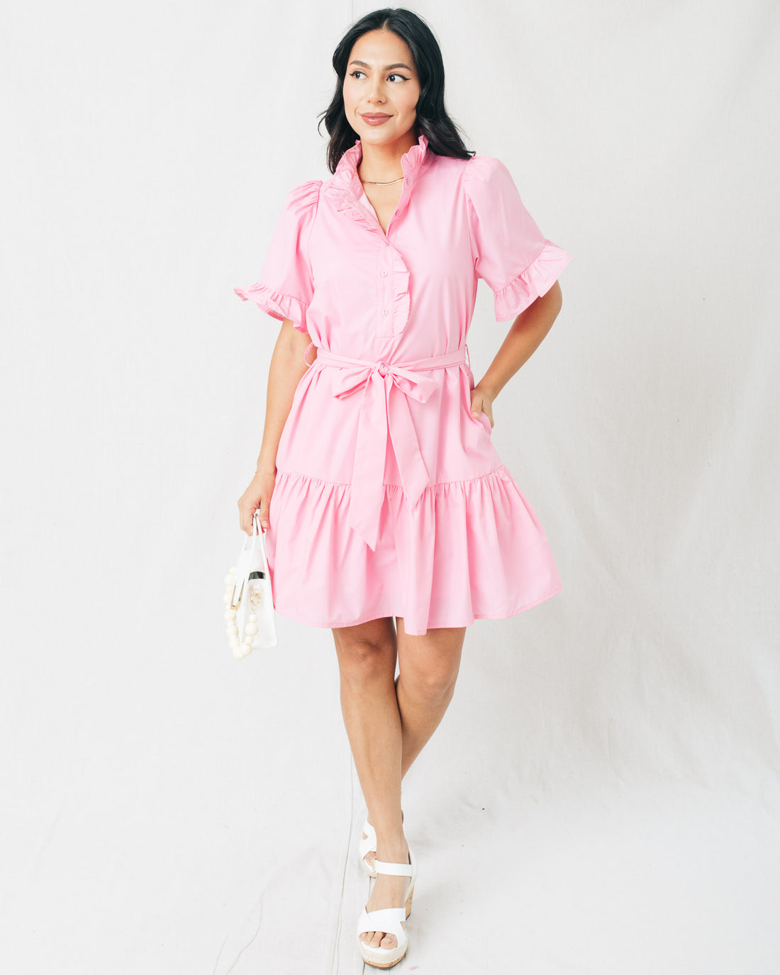 Emery Ruffled Neck Belt Tie Solid Mini Dress