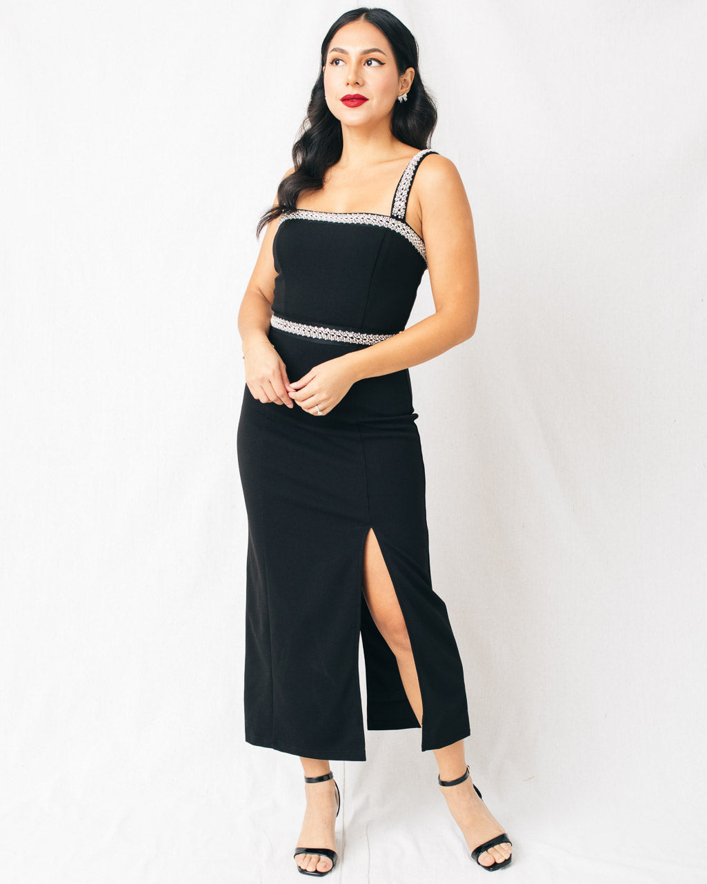 Ravena Rhinestone Side Slit Midi Dress