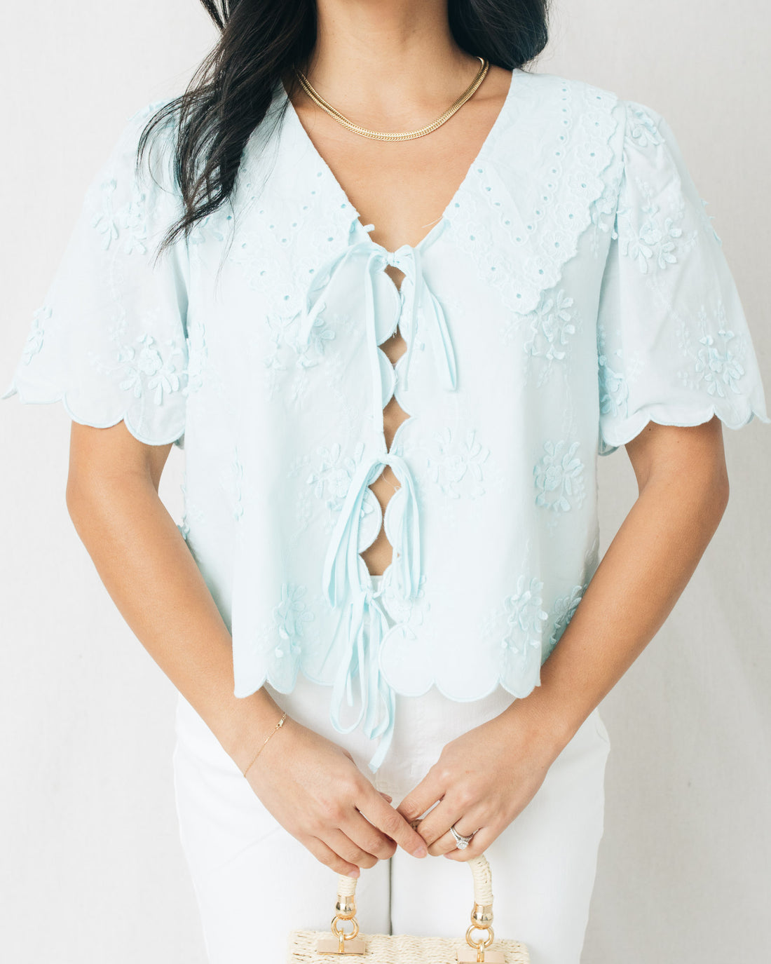 Francesca Collar Lace Trim Front Tie Top