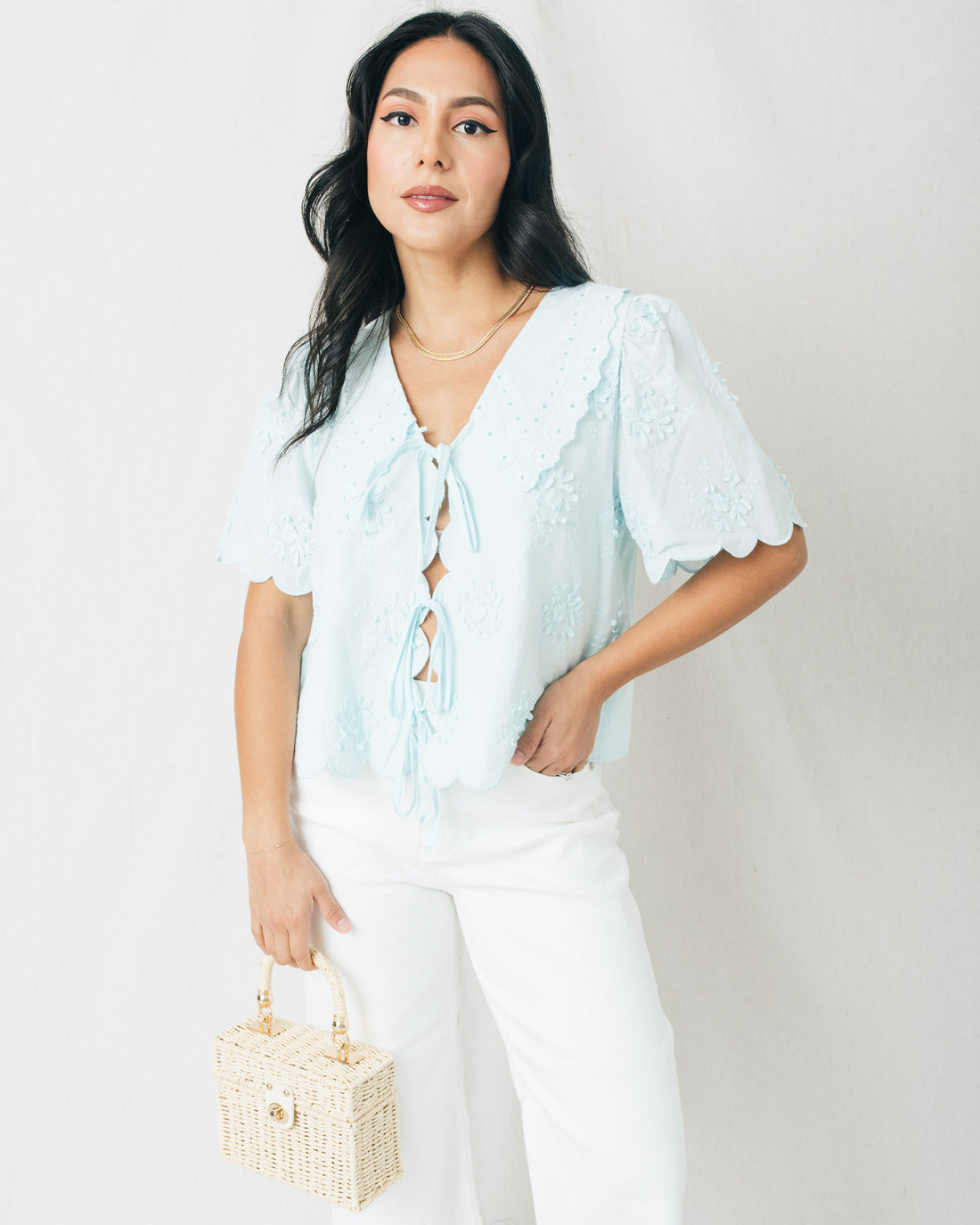 Francesca Collar Lace Trim Front Tie Top