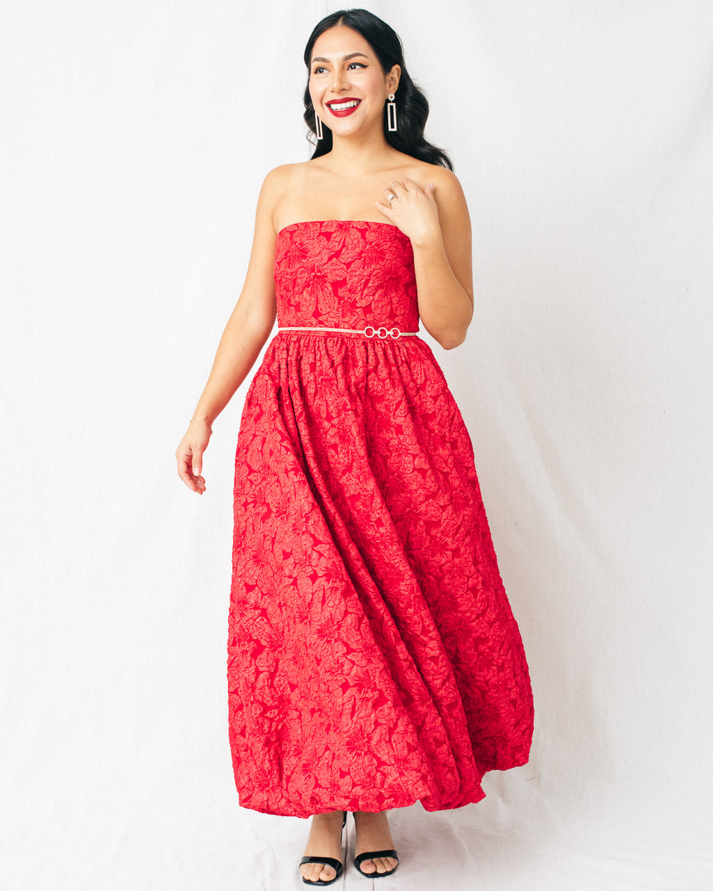 Arielle Jacquard Strapless Bubble Hem Midi Dress