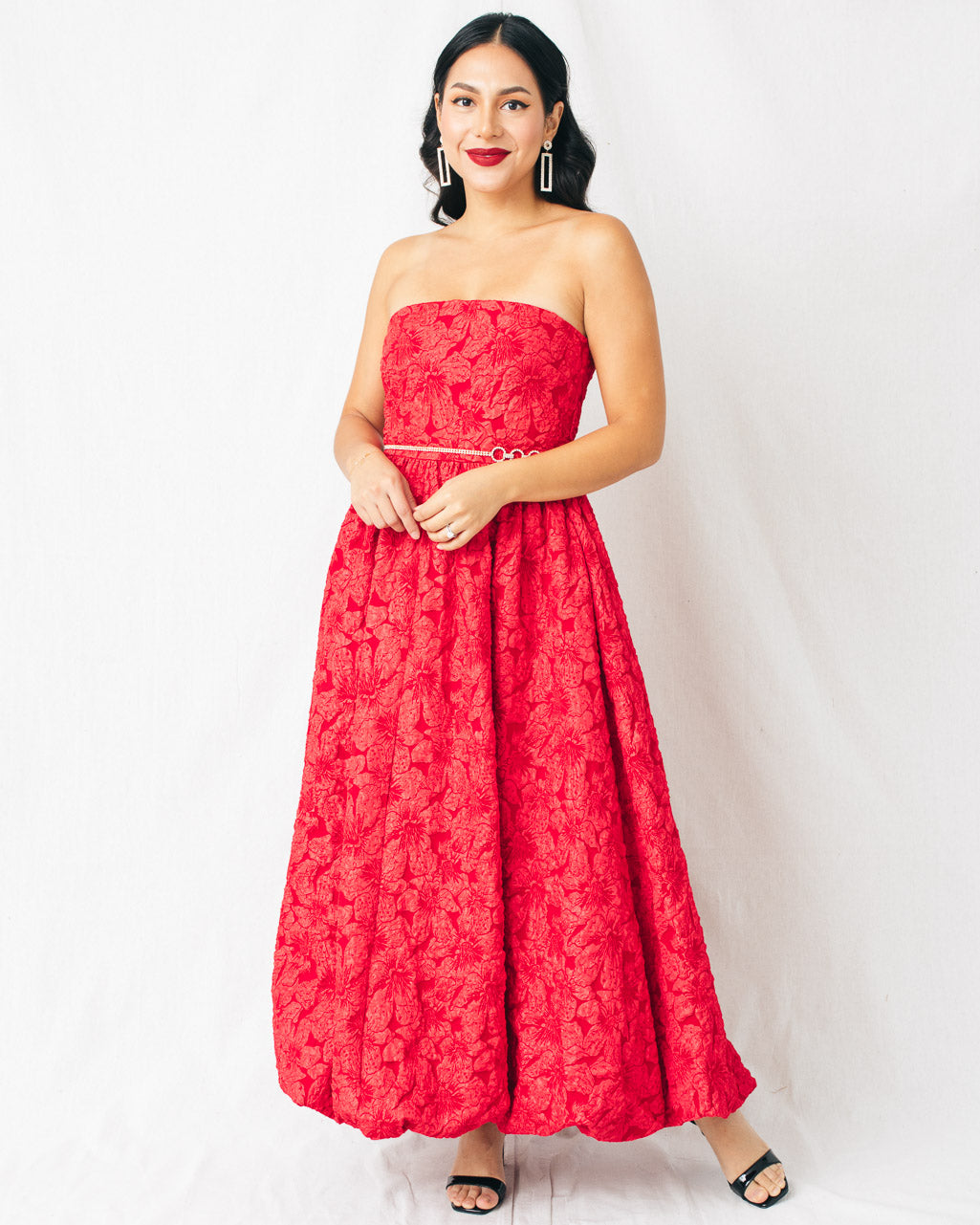 Arielle Jacquard Strapless Bubble Hem Midi Dress