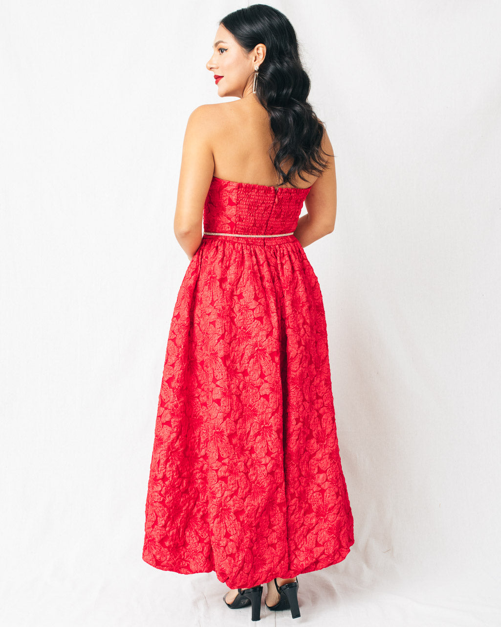 Arielle Jacquard Strapless Bubble Hem Midi Dress