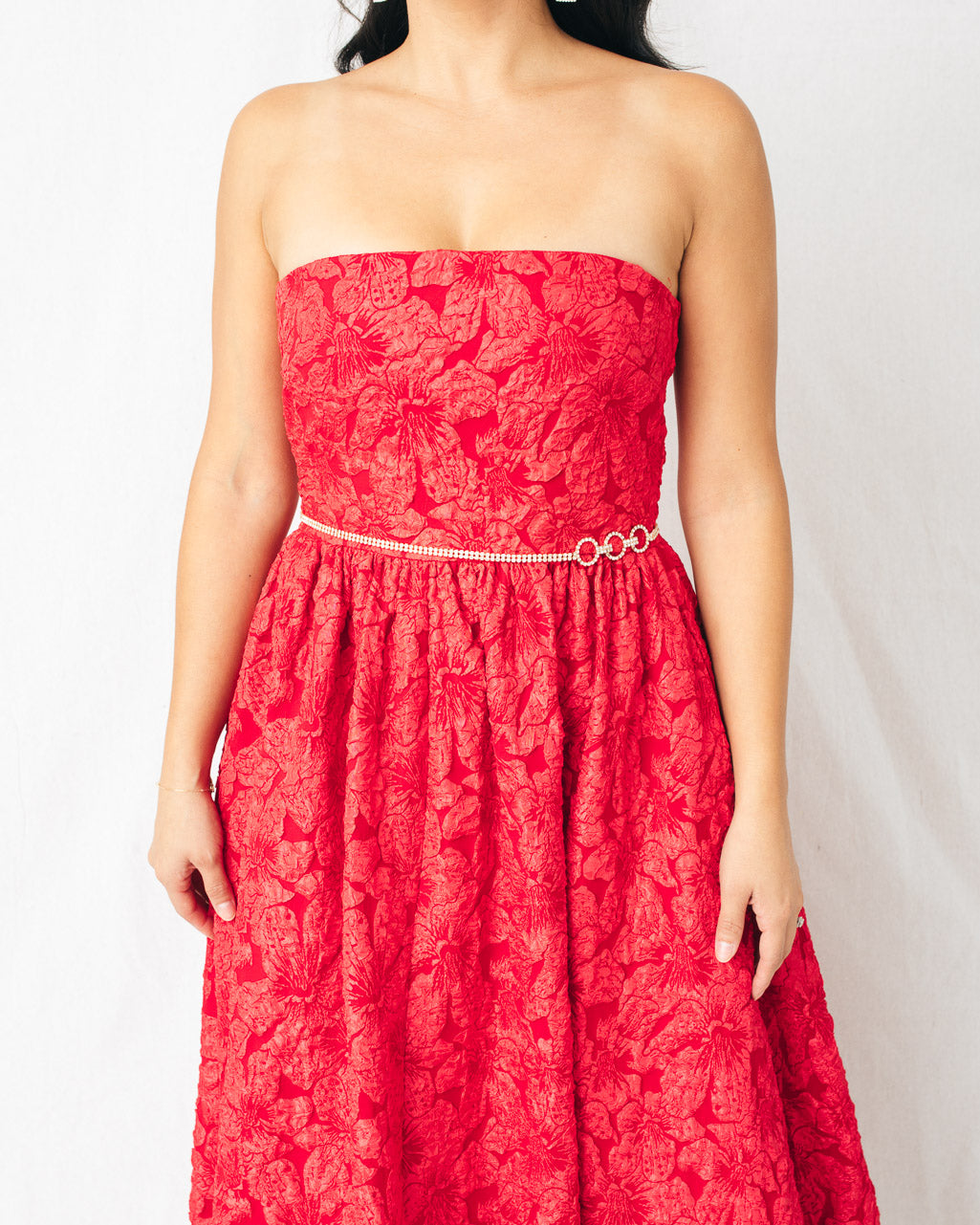 Arielle Jacquard Strapless Bubble Hem Midi Dress