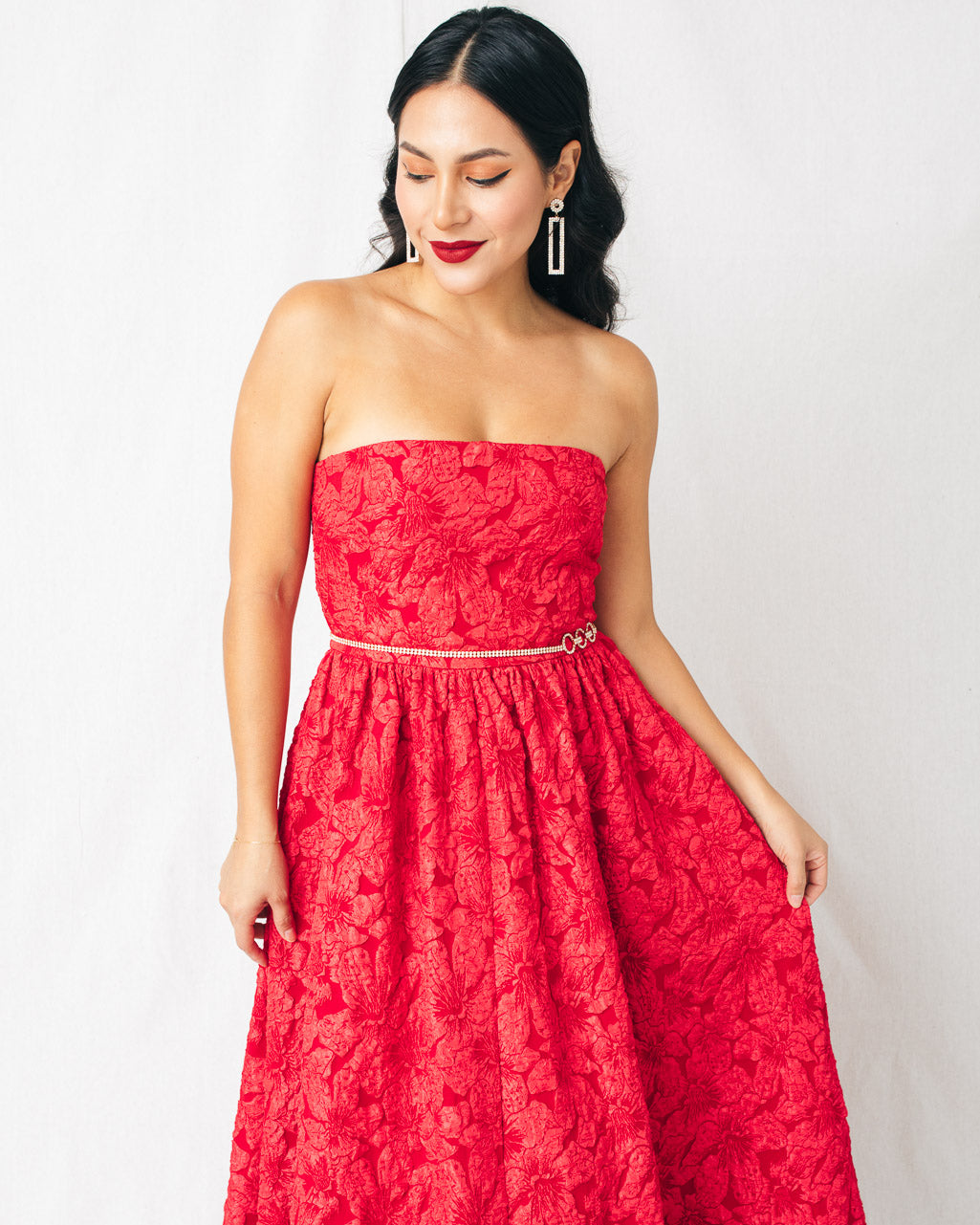 Arielle Jacquard Strapless Bubble Hem Midi Dress