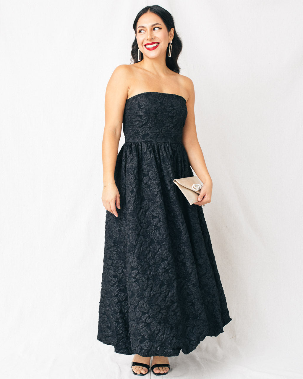 Arielle Jacquard Strapless Bubble Hem Midi Dress