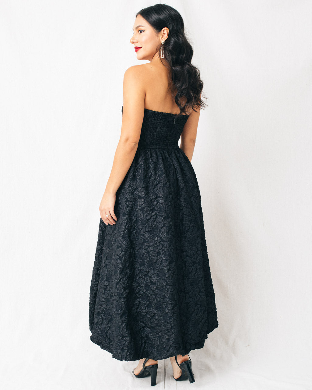 Arielle Jacquard Strapless Bubble Hem Midi Dress