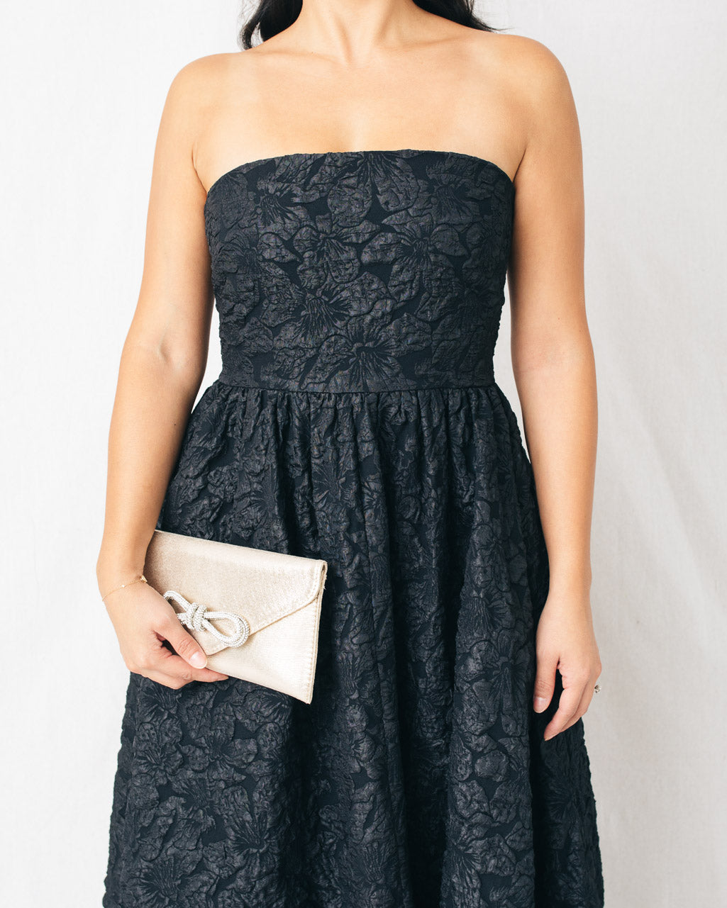 Arielle Jacquard Strapless Bubble Hem Midi Dress